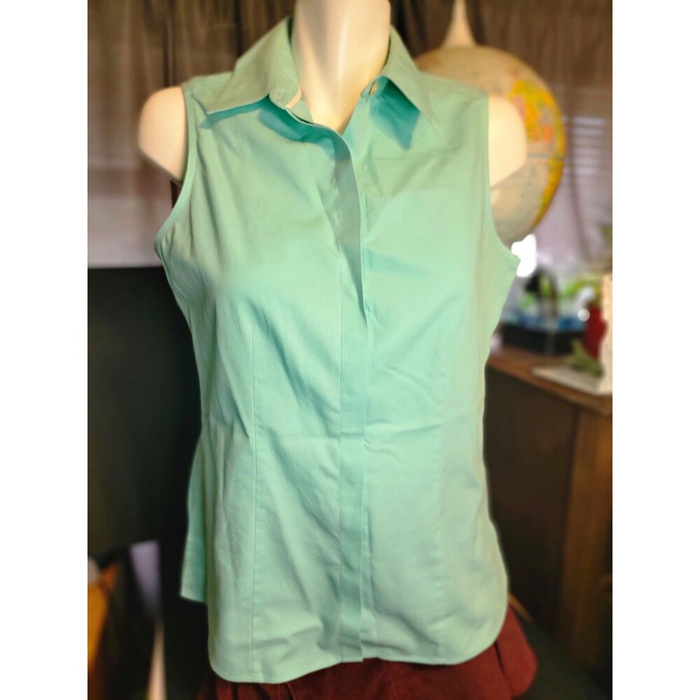 Foxcroft Non-Iron Fitted Aqua Sleeveless Collared Button-Up Blouse 8